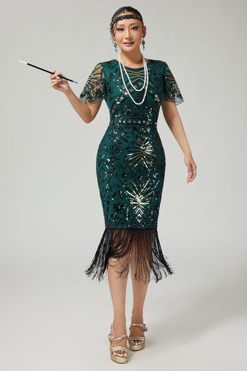 Sparkly Dark Green Pencil 1920s Dress With Fringes